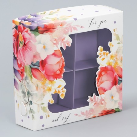 Box for sweets, confectionery packaging, 4 cells, “Flowers”, 10.5 x 10.5 x 3.5 cm-1