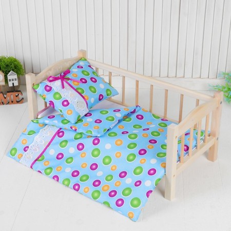 Bed linen for dolls "Peas on Blue", sheet, blanket, pillow