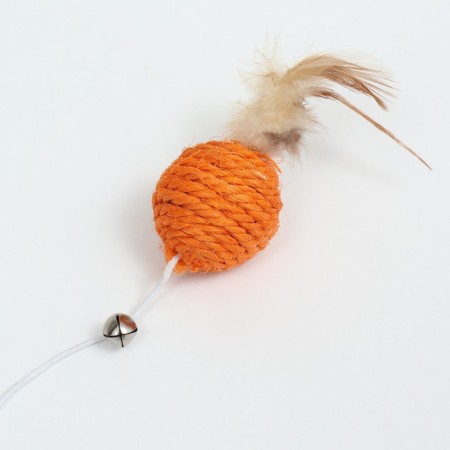 Testing "Sisalem Ball" with feathers and a bell, on a wooden handle, 40 cm, orange ball-1