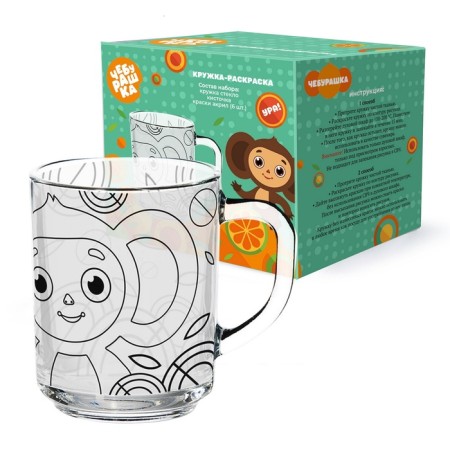 Mug 230 ml, in a set with paints and brush “Cheburashka”, glass-8
