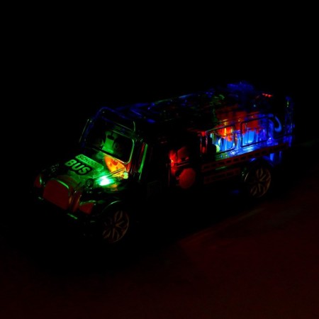 The bus "gears", light and sound, works from batteries, blue color-3