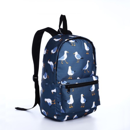 A backpack with a zipper, the color is blue