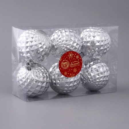 Set of balls plastic D-6 cm, 6 pcs "Volumetric mesh" silver-1