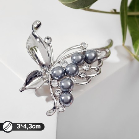 Brooch "Butterfly" with a pearl wing, the color is gray in silver