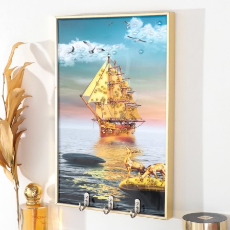 Klyuchnitsa plastic, MDF 3 hooks "Shine of the ship" rhinestones, gold 19.3x1.8x29 cm-1