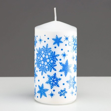 Candle - New Year's "Snowflakes" cylinder, 5x10 cm, white with blue-2