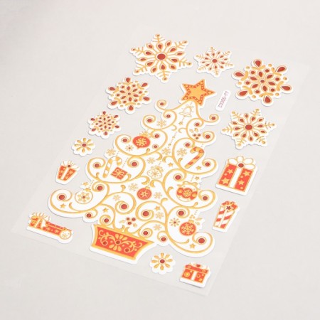 Plastic sticker "Lace Christmas tree with gifts" golden red 17x27 cm-1
