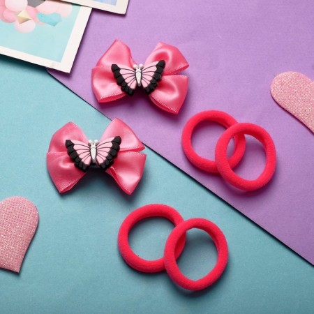 Sofia hair set (4 elastic bands, 2 clamps) Bow's bow, pink-1