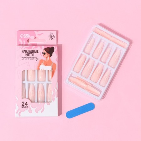 Flame overhead nails, 24 pcs, adhesive plates, ballerina shape, glossy pink/white color-1