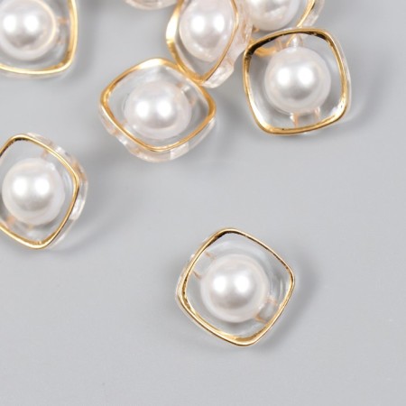 A button plastic for creativity "Pearl in the Golden Square" 1.9x1.9x1.1 cm