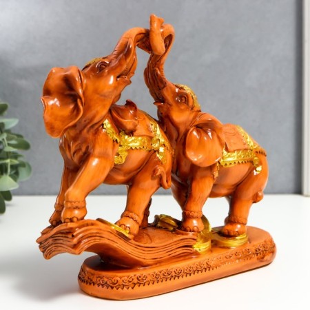 Polystone souvenir "Two cash elephants on a bill and coins" under a tree 18.7x21x7 cm-1