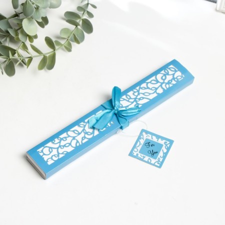 Fan bamboo, textile h = 21 cm bend, with a brush "flowers" in a box, blue-4
