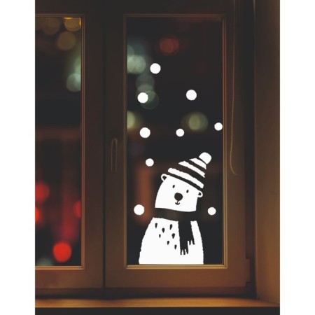 Decorative sticker for windows "Bear in a hat" 35x54 cm (snow 10x20 cm)