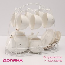 Service Porcelain Tea Daula “Mletechny Path”, 15 items: 6 cups 220 ml, 6 saucer d = 13.5 cm, milk jack 300 ml, sugar tower 350 ml, kettle 1000 ml, white color