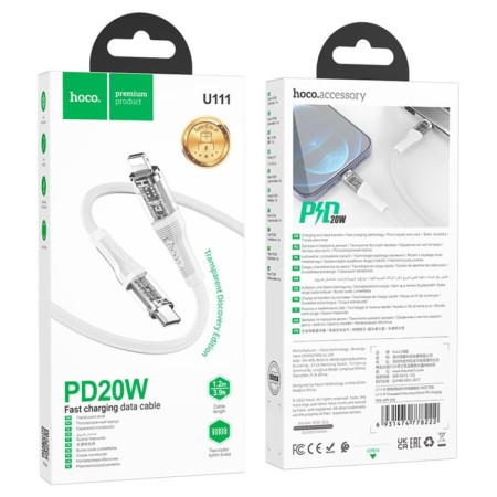 Hoco U111, Type -C cable - Lightning, 1.2 m, transparent, charging, data transfer, gray-3