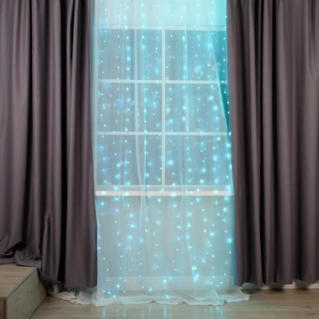 Garland "Curtain" 2.8 × 3 m dew on hooks, with a remote control, IP20, silver thread, 300 LED, glow aquamarine, 8 modes, USB-1