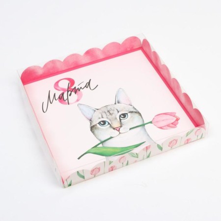 Cookie box, confectionery packaging with PVC lid, “March 8”, 21 x 21 x 3 cm