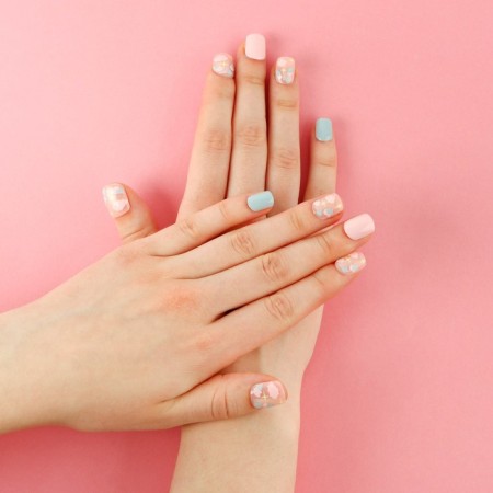 Pink clouds, 24 pcs, adhesive plates, square shape, glossy pink/beige/blue.-8