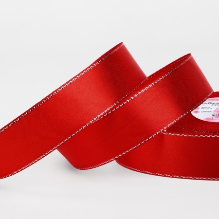 A satin ribbon "Silver threads", 25 mm × 23 ± 1 m, red color No. 026