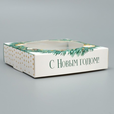 Box for Makarun with low sides “Happy New Year!”, Wreath, 11x 11x 3 cm, New Year-2