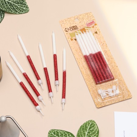 Candles for the cake "Shiny radiance", 6 pcs, white with red-1