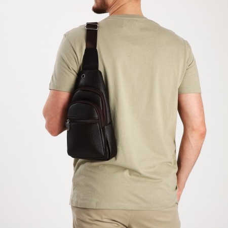 Male sling bag, artificial leather, headphone opening, brown color