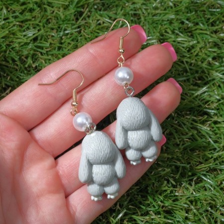 Earrings with pearls "Rabbit" Soft, white-gray color in gold-1