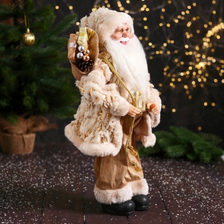 Santa Claus "in a fluffy fur coat, cap, with a gift" 47 cm, white-golden-1