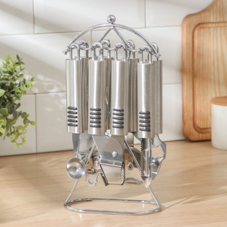 A set of kitchen instruments "DENI", 6 items, on a stand, silver color