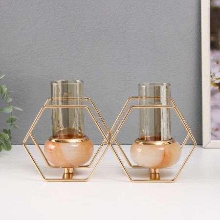 Summary metal, glass for 2 candles "hexagons" white with gold 15.5x26.5x10.5 cm-2