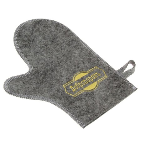 Mitten for a bathhouse, gray with gold embroidery "Dobroparov"-1