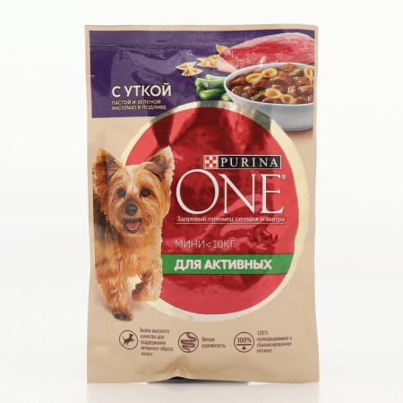 Wet feed Purina One Mini for active dogs, duck/pasta/beans in gravy, 85 g