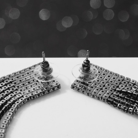 Hanging earrings with rhinestones "Waterfall" on a rectangle, black color in silver, 8 cm-2