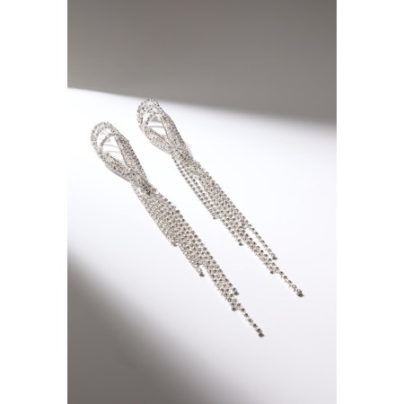 Hanging earrings with Hollywood rhinestones drops with threads, white color in silver, 15.5 cm-4