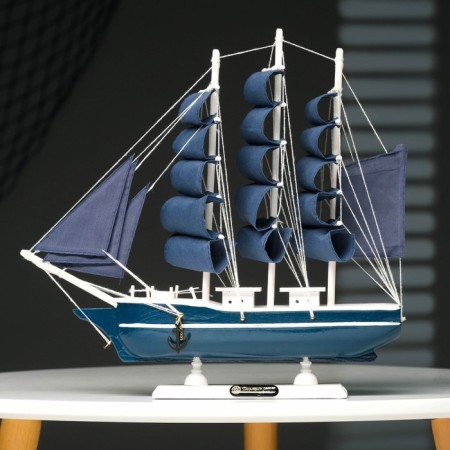 The ship souvenir medium "Kalev", the sides are blue with a white strip, the sails are blue, 30x7x32 cm-7
