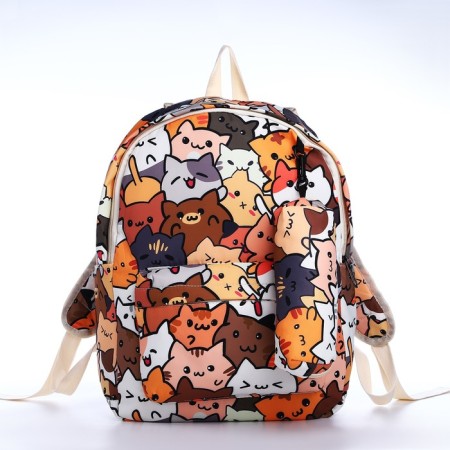School backpack of textiles on a zipper, 3 pockets, pencil case, brown color/orange color-3