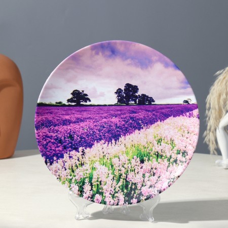 Decorative plate "Lavender field", view 2, with a pattern on canvas, D = 19.5 cm