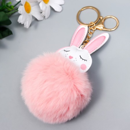 Fluffy on a ring with a carbine "Cute bunny with a blush" d = 8 cm-1
