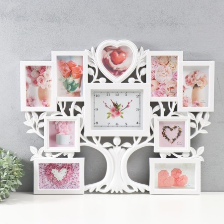 Multi -chamber with the clock "Tree" Plastic, 9 photos (10x15/6 pcs, 10x10/2 pcs, 13x13/1 pcs) cv. white