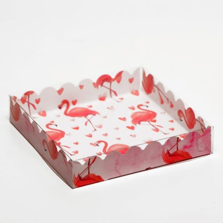 Box for cookies with PVC lid, "flamingo", white, 15 x 15 x 3 cm