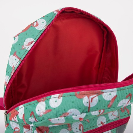 Baby backpack on a zipper, an external pocket, a reflective strip, turquoise color/pink color-5