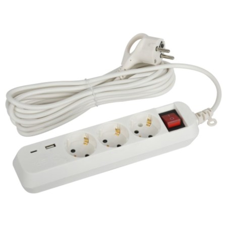 Extension cord electric era UB-3S-5M-USB with a grounding switch 3 outlet + 1xusba + 1xusbc 5 m, 10a