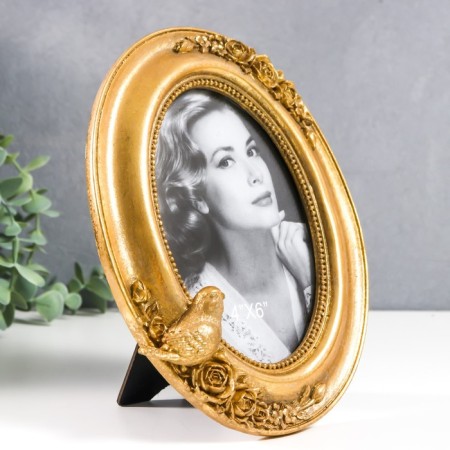 Photo frame Polystone 10x15 cm Oval "Golden Bird and Roses" gold 20x15.5 cm-1