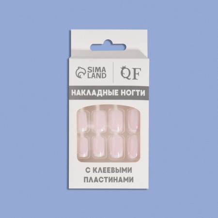 Classic French overhead nails, 24 pcs, with adhesive plates, soft square shape, pale pink/white color-9
