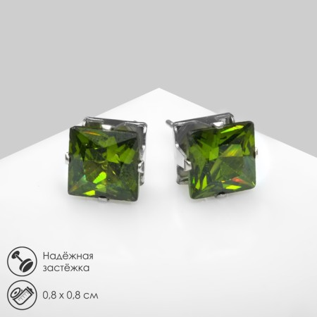 Earrings with rhinestones "Pusets" radiance, square, d = 0.8, green color in silver