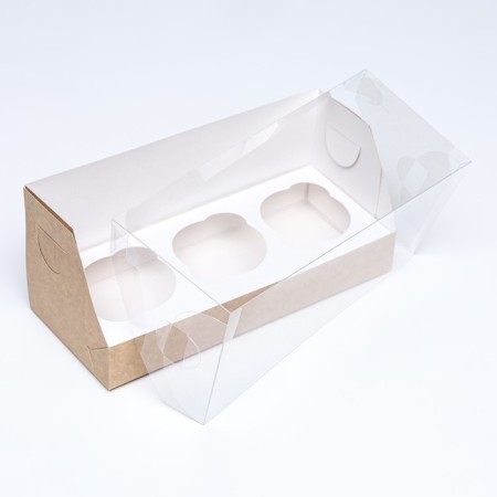 Packaging for 3 cupcake with a window, craft, 25 x 10 x 10 cm-3