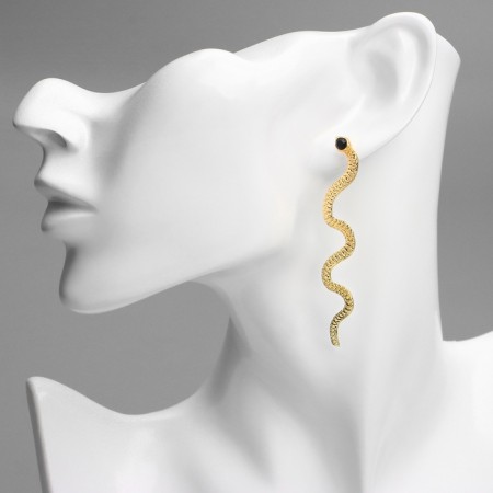 Hanging earrings "snake" thin, black color in gold-3