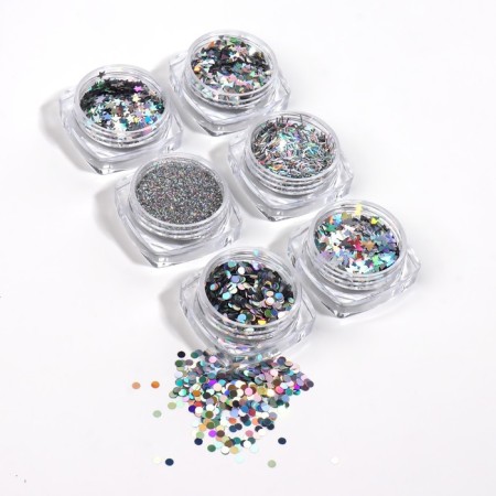 Set for decor, in a plastic organizer, 6 jars, silver color