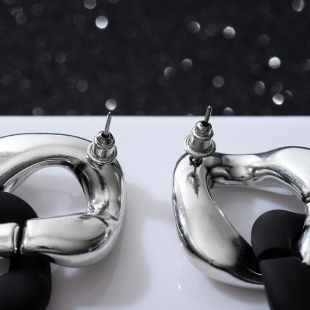 Earrings Metal "Chain" diagonal, 2 hollow rhombus, silver-black color-2
