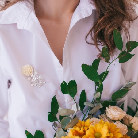 Brooch "Flower", Rose is delicate, white color in silver-2